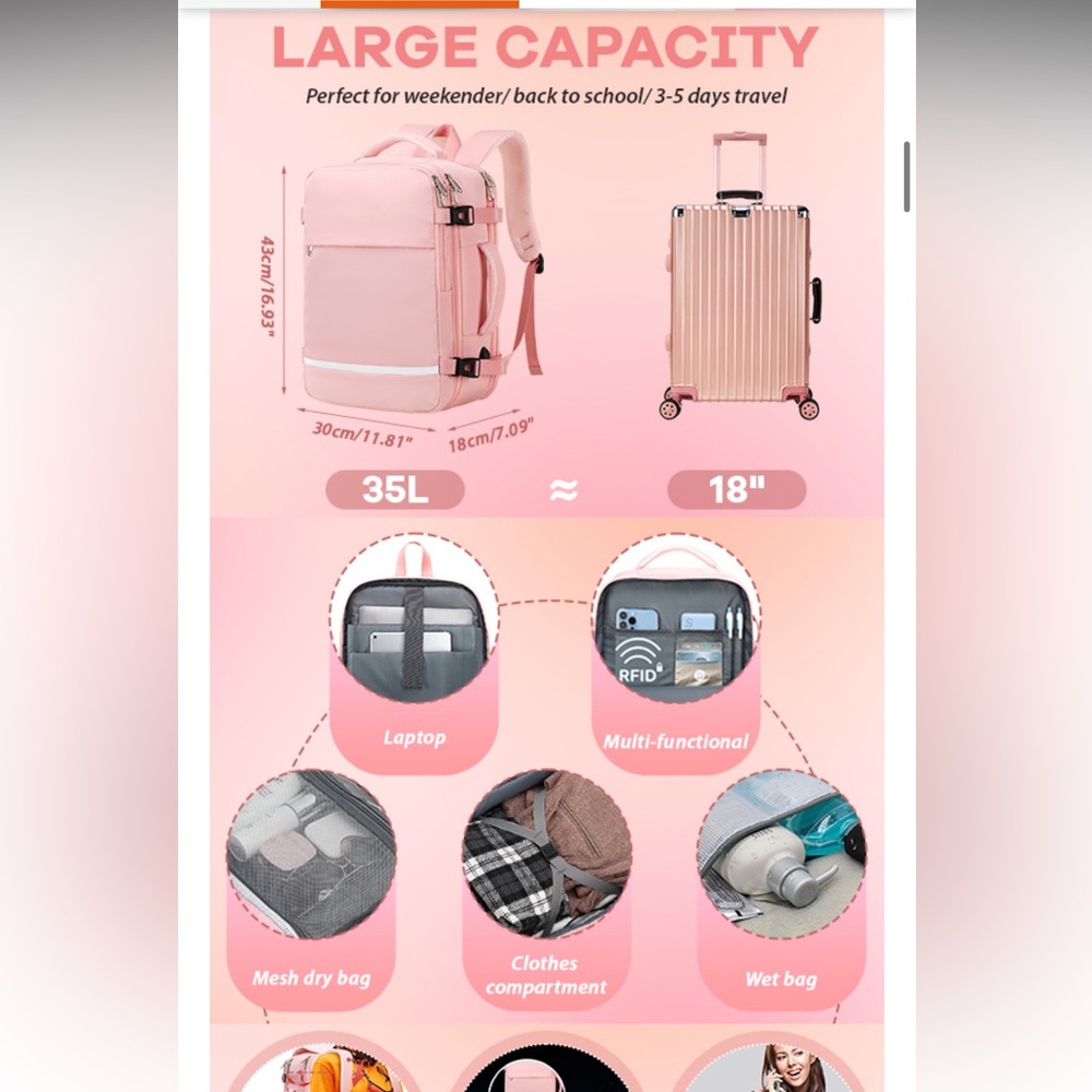 Airline Flight approved extra large capacity, travel laptop backpack 35L pink - Picture 9 of 16